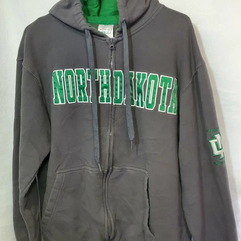 North Dakota Sweatshirt Mens Large Gray Green Zipper Hooded Cover