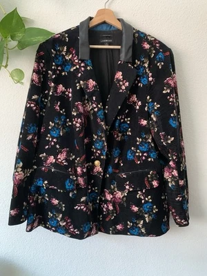 Lane Bryant Sz 28 Women Black Teal Floral Long Sleeve Suede Velvet Style Blazer - Image 1 of 4
