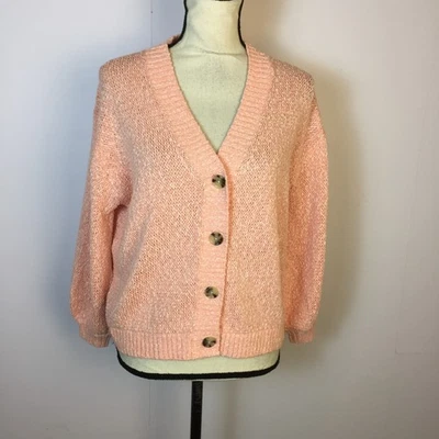 Cárdigan Suéter Loft Talla M Mujer Rosa Melocotón Cuello en V Manga 3/4 Tejido Abierto Botón Foto 1 de 4