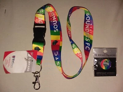Seattle Sounders FC March for Pride LAPEL PIN & LANYARD KEYRING Rainbow Striped - Image 1 of 4