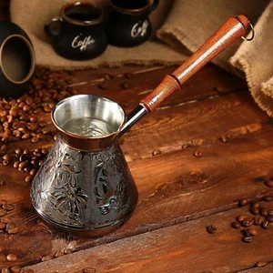 17 Oz Copper Turkish Coffee Pot Greek Arabic Cezve Ibrik Briki Wooden Handle - Picture 1 of 2