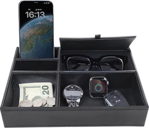 Men'S Valet Tray, Jewelry Box Nightstand Organizer with 5 Compartments for Phone - Picture 1 of 12
