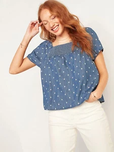 Old Navy Women's Smocked-yoke Floral-embroidered Chambray Top XL - Picture 1 of 3