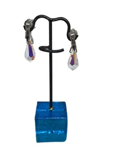 Vintage Clear Crystal Dangle Clip Back Earrings Aurora Borealis Beads Elegant - Picture 1 of 13