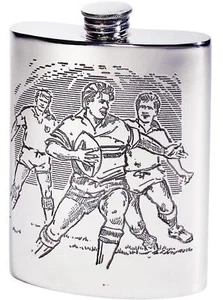 Frasco de cadera de 6 oz de peltre con escena de rugby acabado pulido brillante tapa atornillada - Imagen 1 de 6