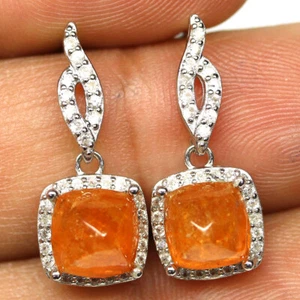 925 Sterling Silver 8 x 8 mm. Orange Spessatite Garnet & Zircon Earrings - Picture 1 of 4