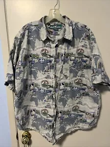Vintage Big Dogs Shirt Mens Large Blue Gray World Map All Over Print Hawaiian - Picture 1 of 7