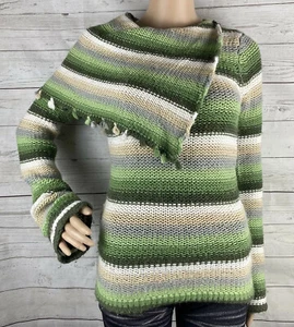 Ushree Sweater Medium Green Gray Tan Striped Fold Over Collar Bell Sleeve Slim - Picture 1 of 12