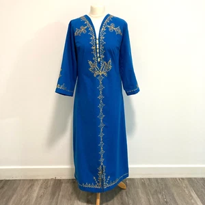 Vintage 60s 70s Kaftan Blue With Gold Embroidered Size 10 12 Hippy Boho - Picture 1 of 7