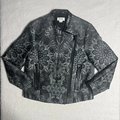 Helmut Lang полный молнии кожаная отделка черный серебряный цветочный Moro Moto куртка маленький США - Изображение 1 из 4