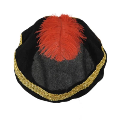 Adult Renaissance Tudor Costume Period Medieval Hat Black Red Feather Gold Braid - Image 1 of 4