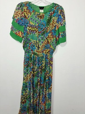 Vestido colorido vintage anos 80 Diane Freis Georgette acolchoado ombros M L verde - Imagem 1 de 4