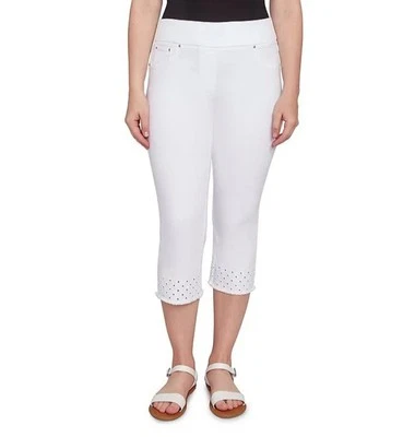 Ruby Rd Plus 22W White Embroidered Eyelet Frayed Hem Pull-On Crop Pants (EK) - Image 1 of 4