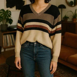 Vintage gestreifter Strickpullover neutrale Erdtöne V-Ausschnitt Gr. L - Bild 1 von 9