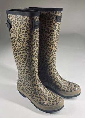Botas de lluvia Joules para mujer Molly Welly bronceadas con estampado de leopardo talla EE. UU. 8 hasta la rodilla Foto 1 de 4