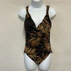 Vintage Miraclesuit Size 12 Black Brown Tropical Print One Piece Swimsuit Resort