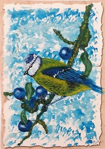 Blue Tit – 12x8 Original Painting, Naive Folk Art, Modern Bird & Nature Scene - Picture 1 of 1