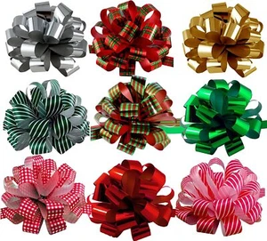 Large Christmas Gift Pull Bows - 8" Wide, Set of 9, Plaid, Striped, Gingham - Picture 1 of 9