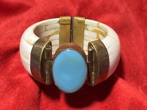 Huge Heavy Vintage Bone Brass & Aqua Stone Cuff Bracelet With Hinge - Picture 1 of 10