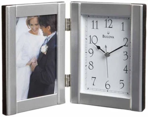 Bulova B1275 Hinged Brushed Aluminum Clock and Photo Frame 3.5x 5-BRAND NEW - Picture 1 of 2