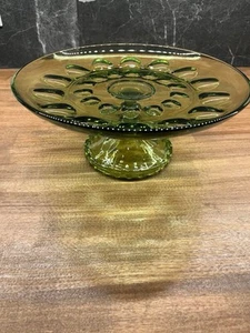 VTG HAZEL ATLAS Olive Avacado Green Glass Pedestal Cake Plate Stand Thumbprint - Picture 1 of 7