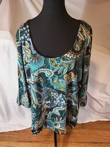 Stretch Cotton Scoop Neck Tee from Jessica London Size 1X 22/24 Green Paisley - Picture 1 of 6