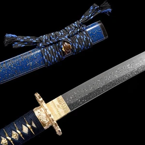 Espada Samurai Japonesa Hecha a Mano Katana Damasco Acero Rosa Patrón Laca Azul - Imagen 1 de 9
