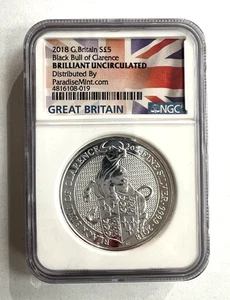 2018 G BRITAIN SILVER 5 POUNDS BLACK BULL OF CLARENCE NGC BRILLIANT UNCIRCULATED - Picture 1 of 2