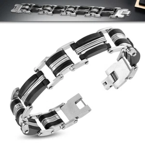 Stainless Steel Silver-Tone Black Rubber Link Mens Bracelet - Picture 1 of 2