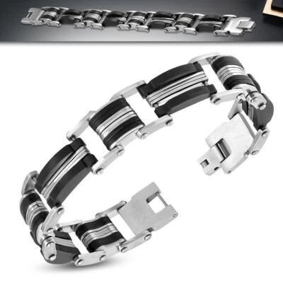 Pulsera de acero inoxidable tono plata eslabones de goma negra para hombre Foto 1 de 2