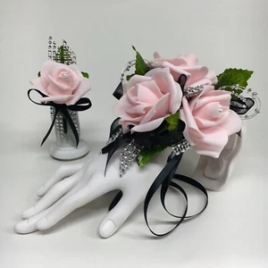 Glamour Triple Rosa Schiuma Rose su Nero con Bordo Argento Prom Corsetto Combo - Foto 1 di 1