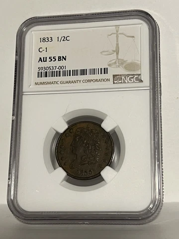 1833 HALF CENT....C-1......NGC AU55 BN Cover