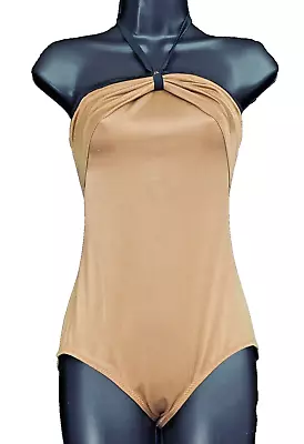 Vintage 1970s tan one-piece swimsuit, black halter NWT deadstock Dippers brown S - Image 1 of 4