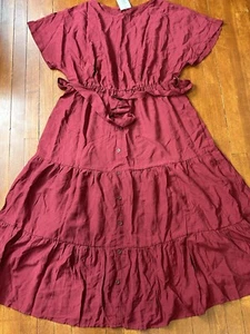 Womens XL Red Tierred Midi Dress with Belt Short Sleeve Button Up BOHO NEW - Picture 1 of 13