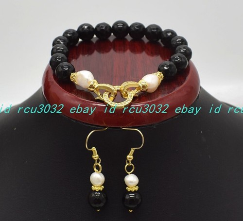 VALENTINO Orecchini Bracciale Perline Rotonde Gemme Agata Nera Sfaccettata 8 12 mm 7 5 pollici