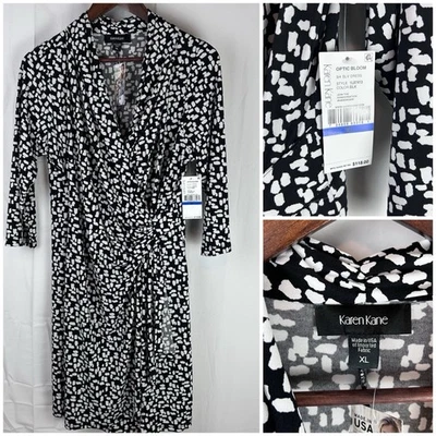 Karen Kane Women Optic Bloom Black White Dot Print Faux Wrap Dress Size XL $118 - Image 1 of 4