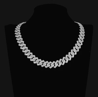 Miami Cuban Link Necklace Iced MOISSANITE Clasp Hip Hop Silver Plated Foto 1 de 2