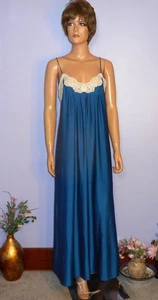 Vintage ‘70s Shadowline Peacock Blue Classic Sissy Long Nylon Nightgown, S - Picture 1 of 9