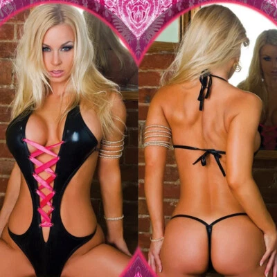 #91 Mujeres Sexy Charol Profundo V Entrecruzado Encaje Tanga Lencería de Peluche Foto 1 de 3