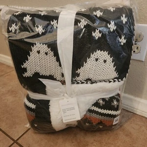 NEW Pottery Barn GUS GHOST Halloween Knit Jacquard Sherpa Throw Blanket CHARCOAL - Picture 1 of 6