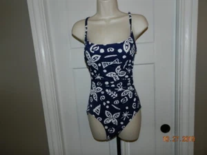Rose Marie Reid Floral NAVY BLUE WHITE One Piece Swimsuit Size 10 - Picture 1 of 3