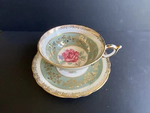 Paragon Bone China Teacup Saucer Solo Cabbage Rose Centered Sage Green Band - Picture 1 of 6