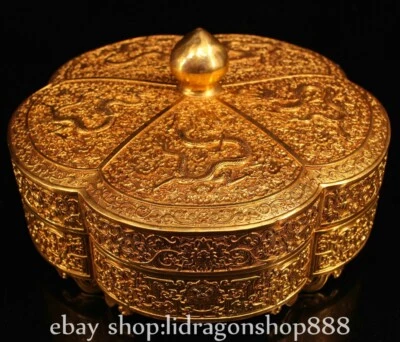 10.4" Old Tibet Bronze 24K Gold Gilt Dynasty Dragon Beast Jewelry Storage Box - Image 1 of 4