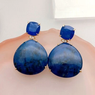 Real Big Blue Sodalite Crystal Dangle Stud Earrings Fashion Jewelry - Image 1 of 4
