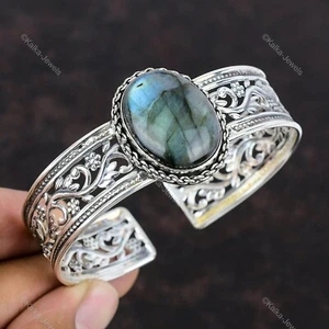 Birthday Gift For Her Natural Labradorite Gemstone Bangle Adjustable 925 Silver - Picture 1 of 10