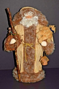 19" Handmade Vintage Father Christmas Santa Fabric~Fur~Staff~Bear~Birdhouse~Gold - Picture 1 of 12