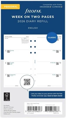 Filofax 2026 Personal Diary Week on Two Pages Classic Refill 26-68421 - Image 1 of 4
