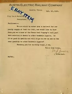 1910 TEXAS Briefpapier AUSTIN ELECTRIC RAILWAY WJ Jones FH Watriss Wilmot Kalloch - Bild 1 von 1