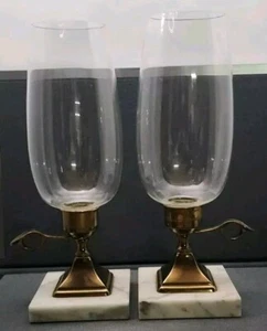 Vintage Brass Marble Base Candle Holder Set Original Hurricane Globes RARE HTF - Picture 1 of 10