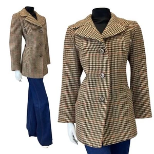 VINTAGE 60s 70s BROWN GREEN CREAM TWEED HOUNDSTOOTH SHORT WOOL COAT 14 - Picture 1 of 7